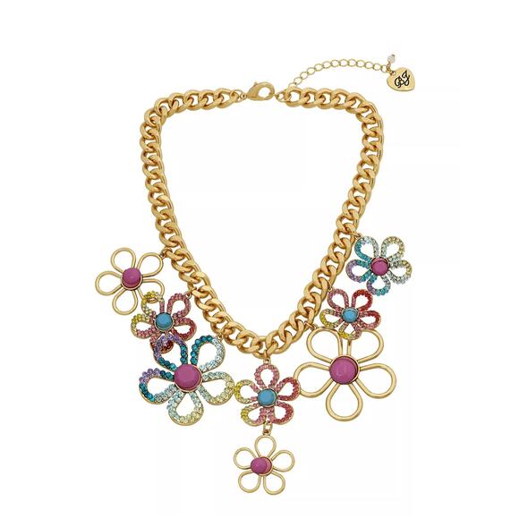 NEW Betsey Johnson FLOWER BIB NECKLACE Gold Tone Curb Chain Crystal Rhinestone - Picture 5 of 9
